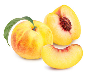 Korean Golden Peach fruits with leaf on white background, Honey Yellow Peach isolated on white background With clipping path.