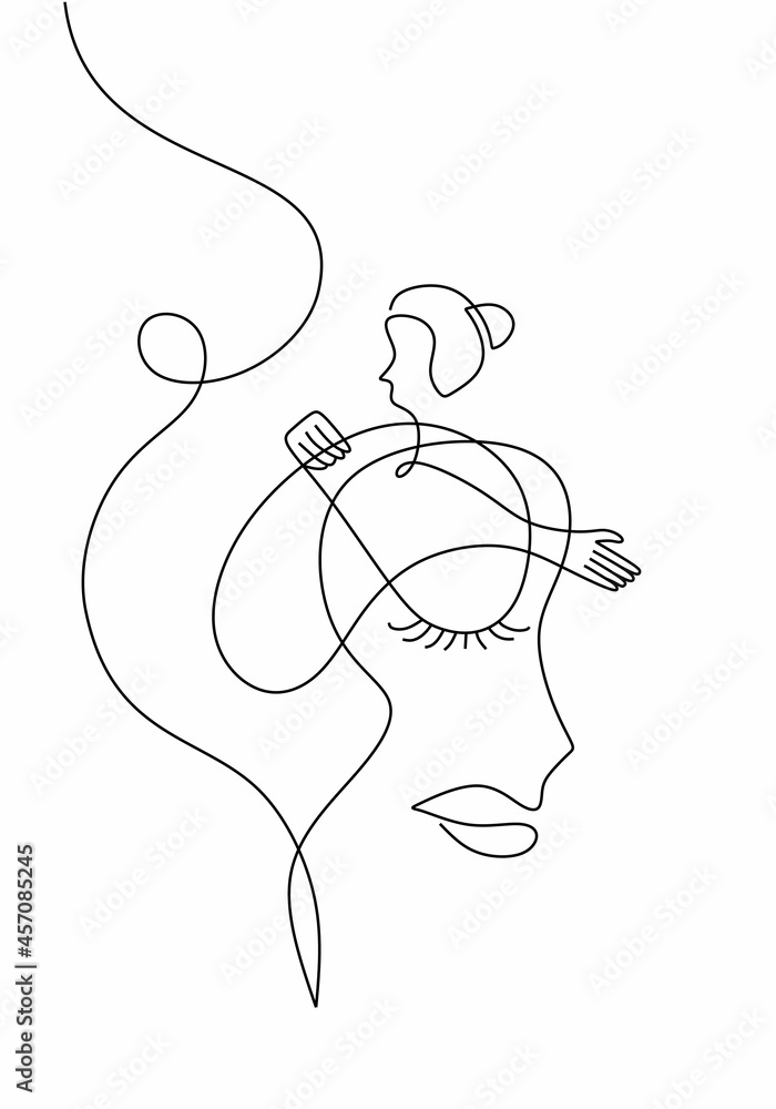 Poster continuous line art of man praying with abstract face and hand in simple style isolated on white bac