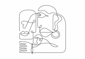 Abstract continuous line art of face people. Contemporary abstract one line continuous drawing faces and hand. Minimalism art isolated on white background.