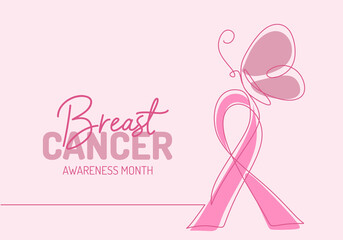 Continuous one line art background of National Breast Cancer Awareness month with pink ribbon and butterfly isolated on pink background.