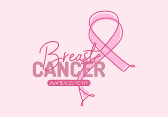 Continuous one line art background of National Breast Cancer Awareness month with pink ribbon isolated on pink background.