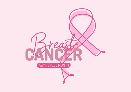 Continuous One Line Art Background Of National Breast Cancer Awareness Month With Pink Ribbon Isolated On Pink Background.