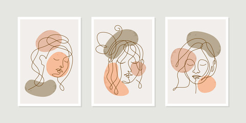 Fototapeta na wymiar Continuous one line woman faces. Linear design templates female portrait with butterfly for wall decoration, postcard or brochure cover design.