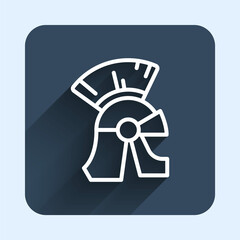White line Roman army helmet icon isolated with long shadow background. Blue square button. Vector
