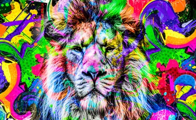 Fototapeten colorful artistic lion muzzle with bright paint splatters on dark background. © reznik_val