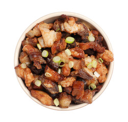 Tasty fried cracklings in bowl on white background, top view. Cooked pork lard