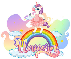 Obraz na płótnie Canvas Cartoon character of unicorn standing on rainbow with unicorn font
