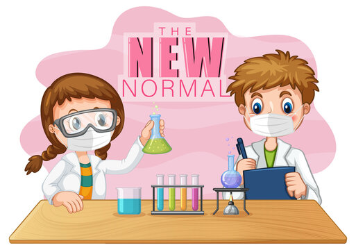 The New Normal with two scientist kids wearing face masks