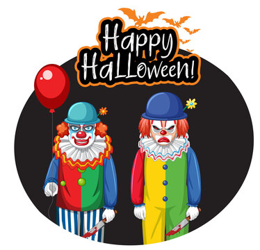 Happy Halloween badge with two creepy clowns