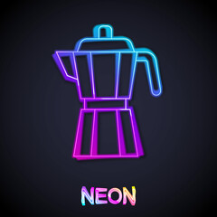 Glowing neon line Coffee maker moca pot icon isolated on black background. Vector