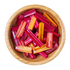 Pickled swiss chard stalks in wooden bowl isolated on white background. Marinated multicolored chard stems. Top view.