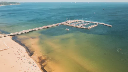 Papier Peint photo La Baltique, Sopot, Pologne Sopot,Poland,Europe. Beautiful panoramic aerial photo from drone to Wooden pier (molo) with promenade  marina, yachts,  beach, Sopot.(Series)