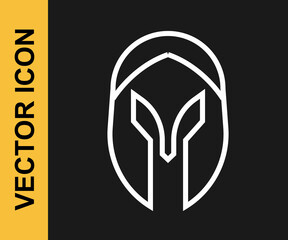 White line Medieval iron helmet for head protection icon isolated on black background. Knight helmet. Vector