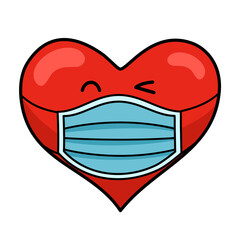 Red heart cartoon wearing protective mask line art vector. Love in covid19 Coronavirus quarantine pandemic times. Design for Valentine’s Day greeting card, poster, banner.