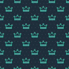 Green line King crown icon isolated seamless pattern on blue background. Vector