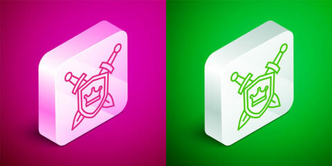 Isometric line Medieval shield with crossed swords icon isolated on pink and green background. Silver square button. Vector