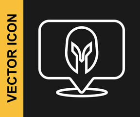 White line Medieval iron helmet for head protection icon isolated on black background. Knight helmet. Vector