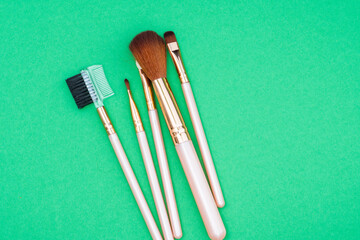 Set of professional make up brushes on green background