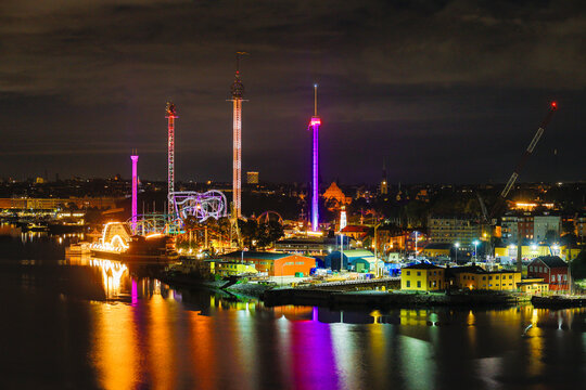 Stockholm, Sweden The Grona Lund amusement park at night.