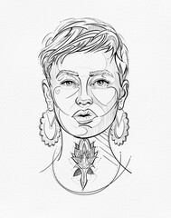 Frau mit Tattoo und Ohrringen, Illustration, Line Art