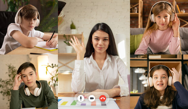 Collage. Group of kids, students studying by group video call, use video conference with each other and teacher. Online education, post-pandemic concept