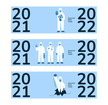 Vector Set. Horizontal 2022 New Year Banners. Poster Design Concept. Doctors, Nurses, Medical Staff In Hazmat Suits. Fight Coronavirus, Protect From Virus. Vaccination Healthcare. Working In Hospital