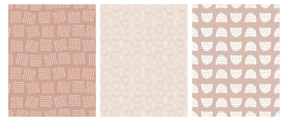 Cute Abstract Seamless Vector Patterns with Irregular Brush Swirls, Spots and Circles Isolated on a Brown and Beige Background. Infantile Style Geometric Print. Abstract Doodle Pattern.