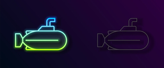 Glowing neon line Submarine icon isolated on black background. Military ship. Vector