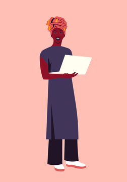 Portrait of an African woman with a laptop. The fashion designer stands at full height. Vector flat illustration.