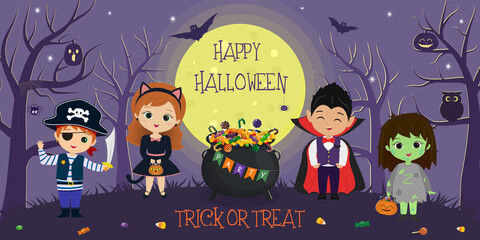 Happy Halloween. Halloween kids characters in different costumes on the background of the full moon and trees at night. Cartoon, vector.