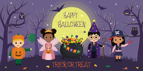 Happy Halloween. Halloween kids characters in different costumes on the background of the full moon and trees at night. Cartoon, vector.