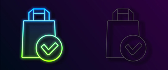 Glowing neon line Paper shopping bag icon isolated on black background. Package sign. Vector