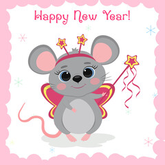 Merry Christmas and Happy New Year. A cute gray mouse in a butterfly costume holds a magic wand on a white background, snowflakes. Cartoon, vector.