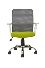 light green fabric office armchair on wheels with grey plastic back isolated on white background. front view