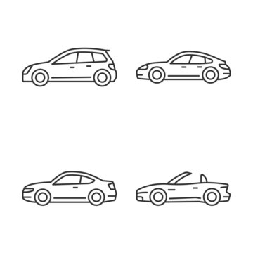 Practical sports cars linear icons set. Hatchback model. Sports sedan. Coupe automobile. Cabriolet. Customizable thin line contour symbols. Isolated vector outline illustrations. Editable stroke