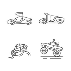 Driving specially-modified vehicles linear icons set. Hinge mechanism. Off road racing. Monster truck. Customizable thin line contour symbols. Isolated vector outline illustrations. Editable stroke © bsd studio