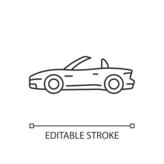 Convertible car linear icon. Cabriolet with retractable roof. Open top car driving experience. Thin line customizable illustration. Contour symbol. Vector isolated outline drawing. Editable stroke