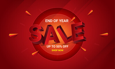End of year sale banner with abstratc circle red background for promotion, up to 50% off