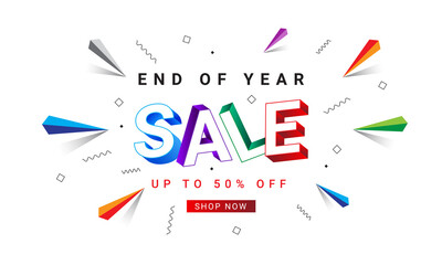 Special end of year sale banner colorful background for promotion, up to 50% off