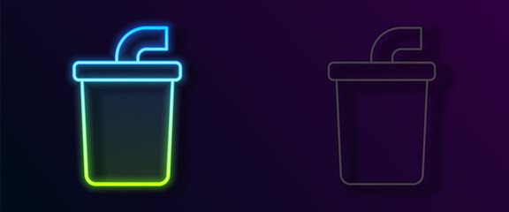 Glowing neon line Paper glass with drinking straw and water icon isolated on black background. Soda drink glass. Fresh cold beverage symbol. Vector