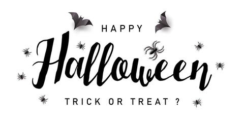 Happy Halloween text banner with spiders and bats, Vector