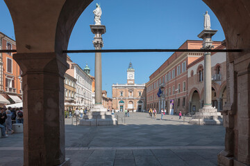 Fototapeta na wymiar Ravenna. Piazza del Popolo with the Column of San Marco and statue of Sant’Apollinare the second.