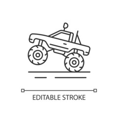 Monster truck racing linear icon. Pickup with oversized tires. Competitive, entertainment event. Thin line customizable illustration. Contour symbol. Vector isolated outline drawing. Editable stroke © bsd studio
