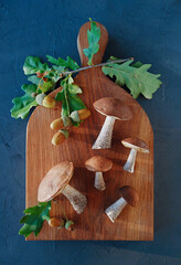 Autumn composition. Forest mushrooms on a wooden background. Flat lay. Top view. Vertical crop.