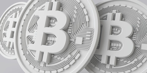 A white bitcoin cryptocurrency coin against a grey background. 3D Rendering