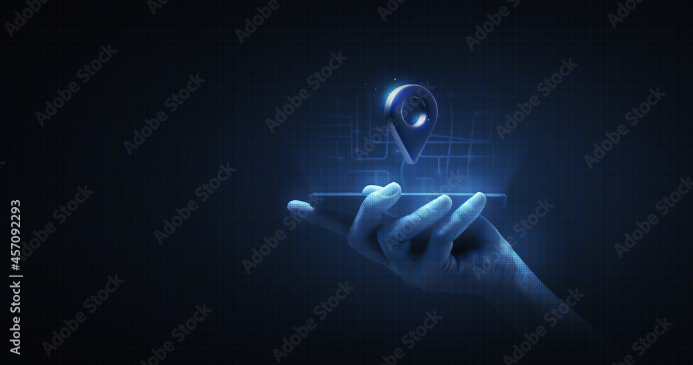 Poster hand holding location pin icon symbol or place map pointer navigation marker sign gps system on city