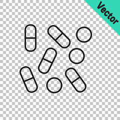 Black line Medical pill bottle biohacking icon isolated on transparent background. Pharmacy biohacking. Vector