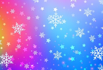 Light Blue, Red vector background with xmas snowflakes, stars.
