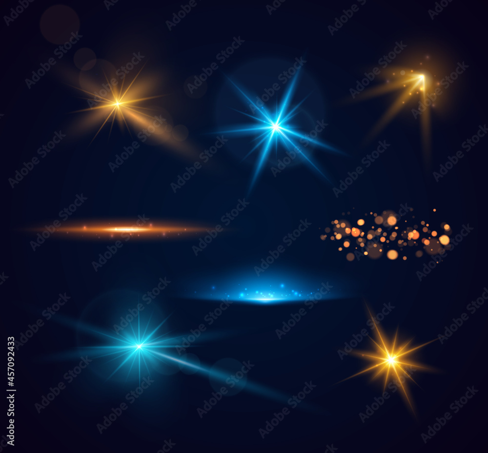 Wall mural set of shining sparkles and lens flares. glowing lights isolated on transparent background. vector i