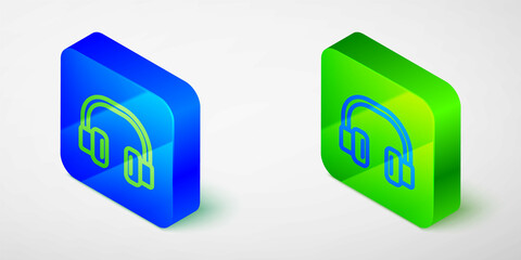 Isometric line Headphones icon isolated grey background. Earphones. Concept for listening to music, service, communication and operator. Blue and green square button. Vector